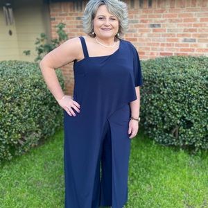 R&M Richards One-Shoulder Flare Jumpsuit with Overlay and Draped Sleeves - Plus